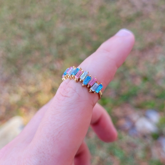 Baguette Sapphire Pink Blue Clear Gemstone Gold Ring Size 6.5 - Picture 2 of 11